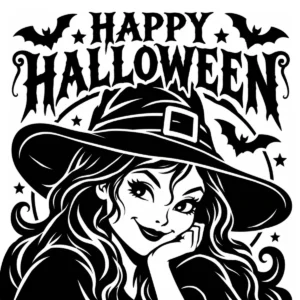 Cheerful monochrome witch beneath Happy Halloween lettering with bats and a crescent moon.