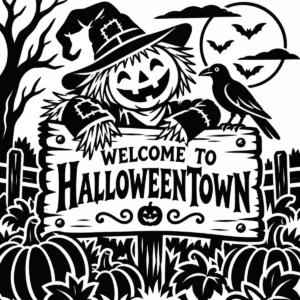 Pumpkin-headed Halloween figure beside a Welcome to Halloweentown sign beneath the moon.