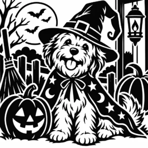 Cheerful monochrome dog in a witch hat sitting on a Halloween porch with pumpkins and bats.