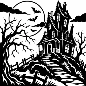 Crooked monochrome haunted house beneath a full moon with bats, bare trees and a winding path.