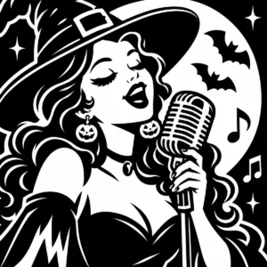 Retro monochrome witch singing into a vintage microphone beneath a crescent moon.
