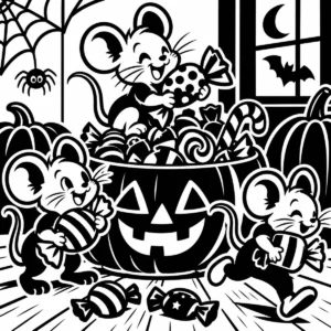 Mischievous monochrome mice gathered around a carved pumpkin filled with Halloween sweets.