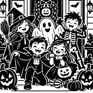 Cheerful monochrome Halloween costume crew with children, a friendly ghost and pumpkins.
