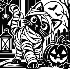 Whimsical monochrome mummy cat with pumpkin, spiderweb and lantern on Halloween night.