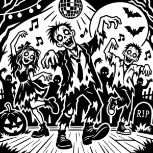 Playful monochrome zombies dancing in a moonlit graveyard with tombstones, bats and pumpkins.