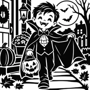 Cheerful monochrome vampire carrying a pumpkin treat bucket on a moonlit Halloween walk.