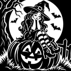 Thoughtful monochrome witch beside a carved pumpkin beneath a large full moon.