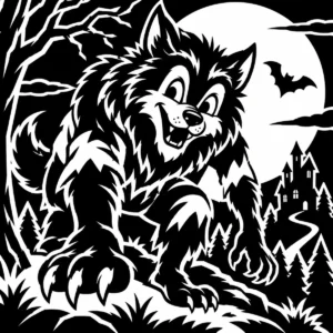 Playful monochrome werewolf crouching beneath a full moon in a dark Halloween woodland.