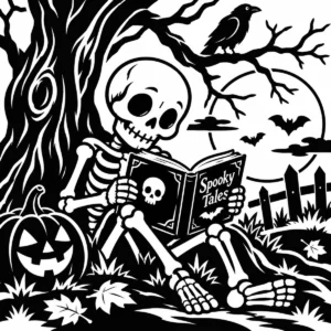 Monochrome skeleton reading spooky tales beneath a moonlit tree beside a carved pumpkin.