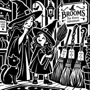 Young monochrome witch exploring a magical broom shop filled with brooms and curious details.