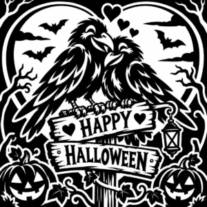 Two cuddling monochrome crows beneath a Happy Halloween sign with pumpkins and moonlit details.