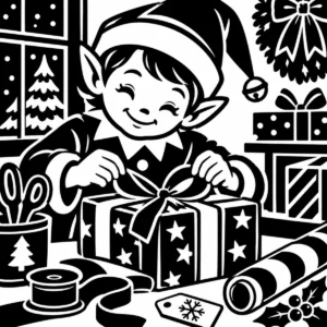 Cheerful Christmas elf wrapping festive gifts at a worktable with ribbon and paper.