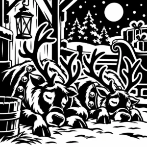 Sleeping reindeer beside a Christmas sleigh beneath the moon in a snowy woodland.