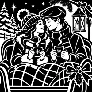 Couple sharing a romantic Christmas sleigh ride beneath the moon with warm drinks.