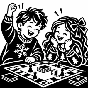 Two children playing a festive board game together at Christmas.