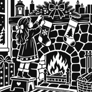 Girl hanging Christmas stockings above a decorated fireplace.