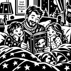 Parent reading a Christmas bedtime story to two children beneath a starry blanket.