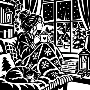 Reader relaxing with a book and warm drink beside a snowy Christmas window.