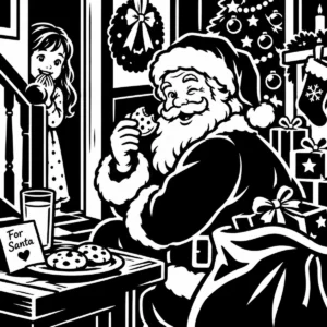 Santa enjoying Christmas cookies and a warm drink while a child peeks through the doorway.
