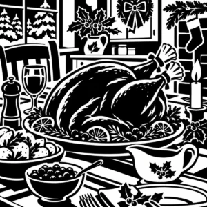 Christmas turkey served on a festive table with seasonal trimmings and a warm drink.
