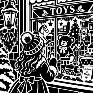 Child gazing into a festive Christmas toy shop window filled with toys and gifts.
