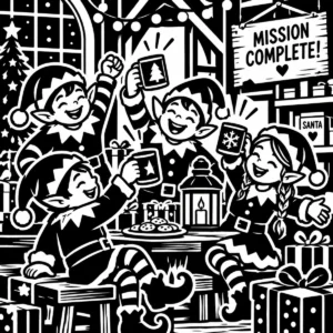 Cheerful Christmas elves celebrating among toys and presents in Santa’s workshop.
