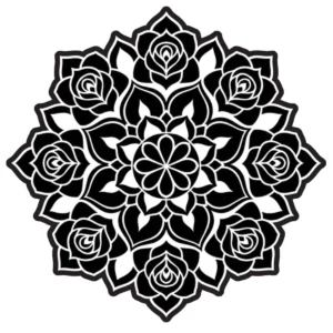 Rose-inspired floral mandala with layered petals and ornamental symmetry.