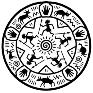 Circular prehistoric-style mandala with figures, animals and cave-art symbols.