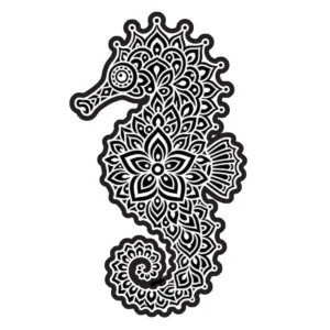 Decorative seahorse silhouette filled with ornate swirling patterns.