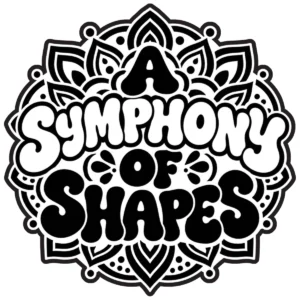 Decorative lettering reading A Symphony of Shapes surrounded by ornamental patterns.