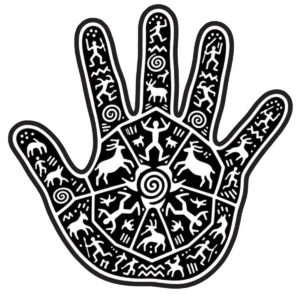 Hand-shaped prehistoric design containing miniature figures and rock-art symbols.