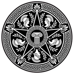Classical Greek-inspired oval medallion with ornamental borders and central figure.