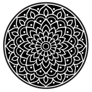 Oval floral mandala with symmetrical petal shapes and central bloom.