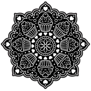 Whimsical mandala with repeating cupcakes and decorative flourishes.