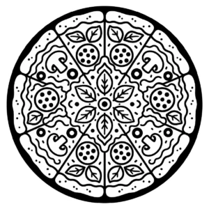 Circular pizza-inspired medallion with repeating toppings and ornamental shapes.
