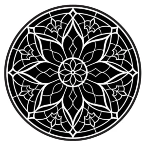 Stained-glass-inspired lotus mandala with large enclosed petals.