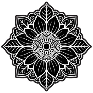 Sunflower-inspired mandala with radiating petals and patterned centre.