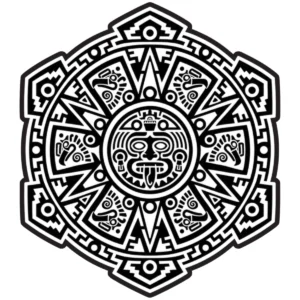 Mesoamerican-inspired sun mandala with stylised face and geometric motifs.