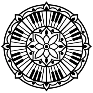 Music-themed mandala with piano keys surrounding a floral centre.