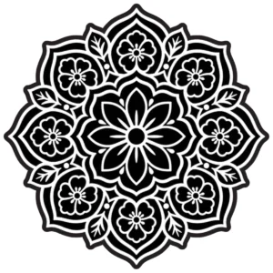 Symmetrical ornamental flower mandala with flowing petals and small blossoms.