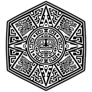 Mesoamerican-inspired sun medallion with central stylised face and angular borders.