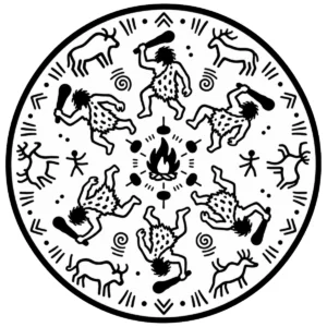 Circular prehistoric cave-art composition featuring animals and human figures.