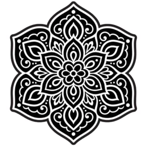 Floral starburst mandala with pointed petals and symmetrical ornament.