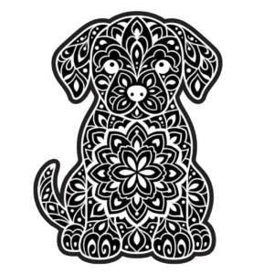 Decorative sitting dog silhouette filled with floral and swirling patterns.
