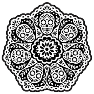 Mexican folk-art-inspired mandala with decorated calavera faces and floral motifs.