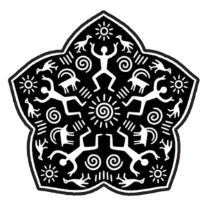 Prehistoric rock-art-inspired medallion with animals, handprints and geometric symbols.