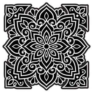 Square-framed floral mandala with angular corners and repeating petals.