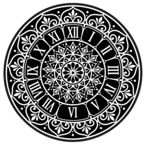 Ornamental clock-face mandala with Roman numerals and floral details.