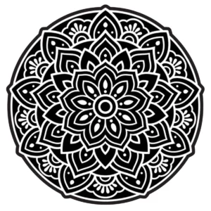 Floral mandala with balanced radiating petals and decorative layers.
