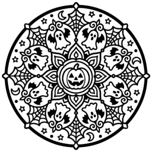 Halloween mandala featuring friendly ghosts, pumpkins and cobwebs.